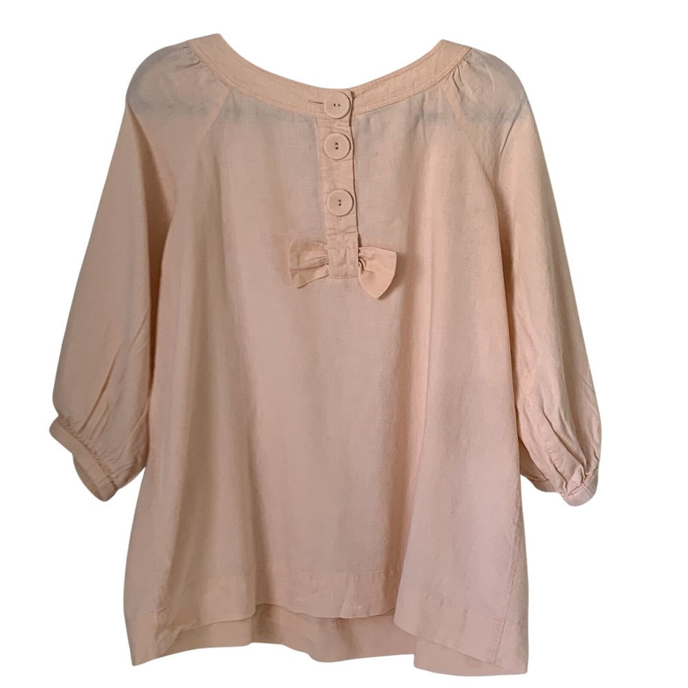 Sandro Blouse Womens L Peach Linen Blend Button Back Bow Coastal Boho Top